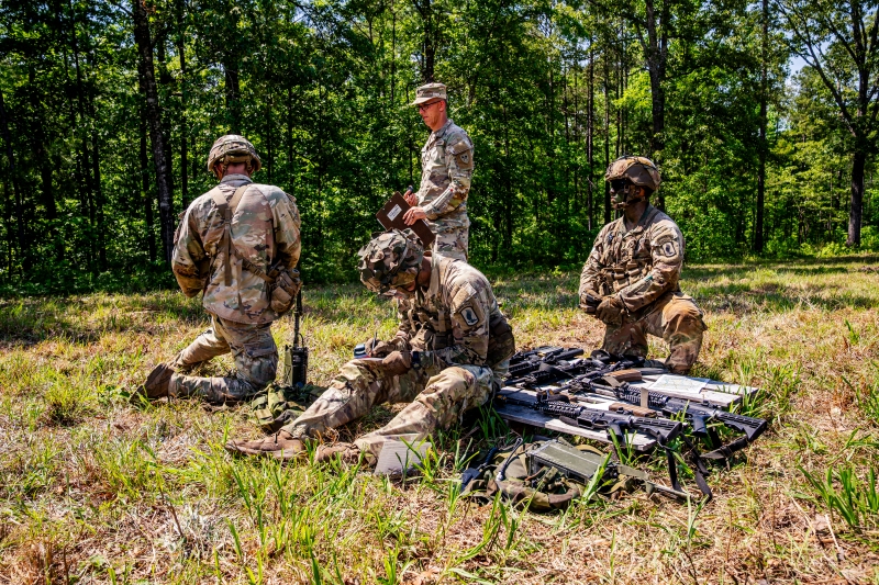 Scout teams from across the globe compete in the 2025 Gainey Cup Best Scout Squad Competition in the Round Robin Proficiency Skills Lanes event April 29, 2025, on Fort Benning, Georgia. During this event, Scout teams Simulate javelin live fire, medical skills lane, and dissassemble/reassemble M4/.240/.50 cal weapons. (U.S. Army photo by Daniel Marble)