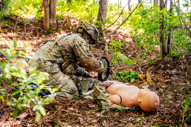 Scout teams from across the globe compete in the 2025 Gainey Cup Best Scout Squad Competition in the Round Robin Proficiency Skills Lanes event April 29, 2025, on Fort Benning, Georgia. During this event, Scout teams Simulate javelin live fire, medical skills lane, and dissassemble/reassemble M4/.240/.50 cal weapons. (U.S. Army photo by Daniel Marble)