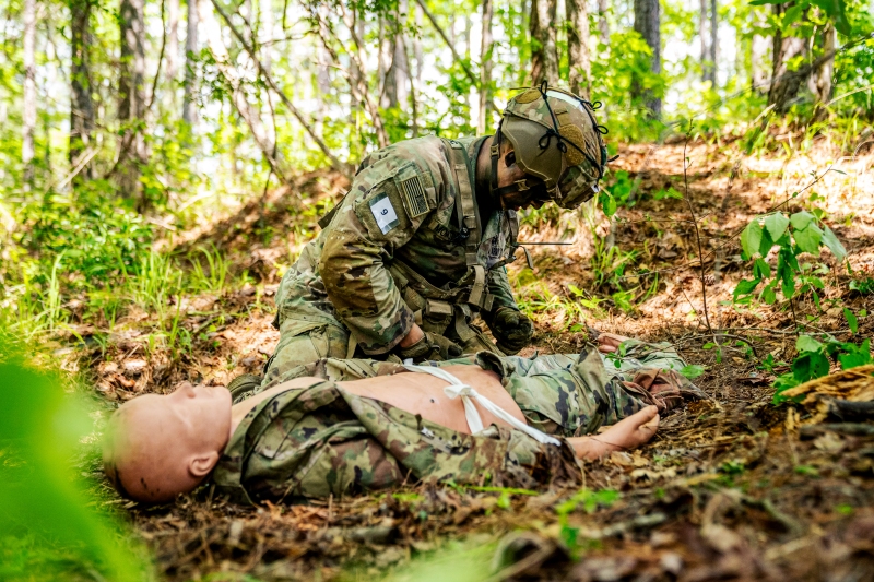 Scout teams from across the globe compete in the 2025 Gainey Cup Best Scout Squad Competition in the Round Robin Proficiency Skills Lanes event April 29, 2025, on Fort Benning, Georgia. During this event, Scout teams Simulate javelin live fire, medical skills lane, and dissassemble/reassemble M4/.240/.50 cal weapons. (U.S. Army photo by Daniel Marble)