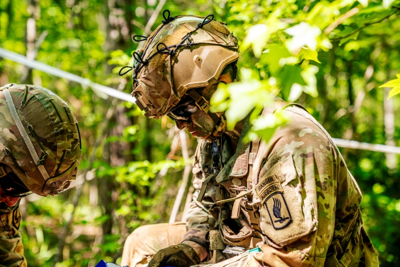 Scout teams from across the globe compete in the 2025 Gainey Cup Best Scout Squad Competition in the Round Robin Proficiency Skills Lanes event April 29, 2025, on Fort Benning, Georgia. During this event, Scout teams Simulate javelin live fire, medical skills lane, and dissassemble/reassemble M4/.240/.50 cal weapons. (U.S. Army photo by Daniel Marble)