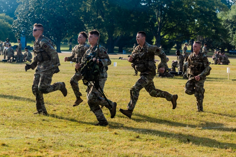The 2025 Gainey Cup Best Scout Squad Competition wraps up with the Final Charge on York Field May 1, 2025 on Fort Benning, Georgia. Teams completed a series of mentally and physically challenging tasks after a 2 mile run. (U.S. Army photo by Joey Rhodes II)