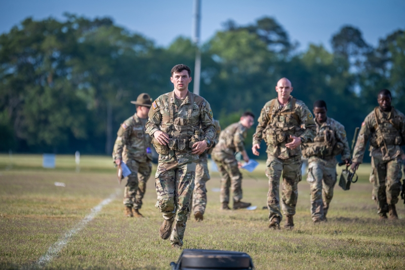 The 2025 Gainey Cup Best Scout Squad Competition wraps up with the Final Charge on York Field May 1, 2025 on Fort Benning, Georgia. Teams completed a series of mentally and physically challenging tasks after a 2 mile run. (U.S. Army photo by Patrick A. Albright)