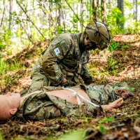 Scout teams from across the globe compete in the 2025 Gainey Cup Best Scout Squad Competition in the Round Robin Proficiency Skills Lanes event April 29, 2025, on Fort Benning, Georgia. During this event, Scout teams Simulate javelin live fire, medical skills lane, and dissassemble/reassemble M4/.240/.50 cal weapons. (U.S. Army photo by Daniel Marble)