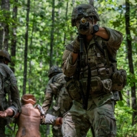 Scout teams from across the globe compete in the 2025 Gainey Cup Best Scout Squad Competition in the round robin proficiency skills lanes event April 30, 2025, on Fort Benning, Georgia. During this event, scout teams simulate javelin live fire, medical skills lane, and disassemble/reassemble M4/.240/.50 cal weapons. (U.S. Army photo by Joey Rhodes II)