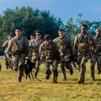 The 2025 Gainey Cup Best Scout Squad Competition wraps up with the Final Charge on York Field May 1, 2025 on Fort Benning, Georgia. Teams completed a series of mentally and physically challenging tasks after a 2 mile run. (U.S. Army photo by Joey Rhodes II)