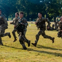 The 2025 Gainey Cup Best Scout Squad Competition wraps up with the Final Charge on York Field May 1, 2025 on Fort Benning, Georgia. Teams completed a series of mentally and physically challenging tasks after a 2 mile run. (U.S. Army photo by Joey Rhodes II)