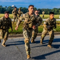 The 2025 Gainey Cup Best Scout Squad Competition wraps up with the Final Charge on York Field May 1, 2025 on Fort Benning, Georgia. Teams completed a series of mentally and physically challenging tasks after a 2 mile run. (U.S. Army photo by Joey Rhodes II)