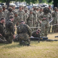 The 2025 Gainey Cup Best Scout Squad Competition wraps up with the Final Charge on York Field May 1, 2025 on Fort Benning, Georgia. Teams completed a series of mentally and physically challenging tasks after a 2 mile run. (U.S. Army photo by Patrick A. Albright)