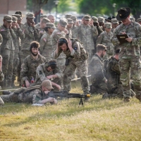The 2025 Gainey Cup Best Scout Squad Competition wraps up with the Final Charge on York Field May 1, 2025 on Fort Benning, Georgia. Teams completed a series of mentally and physically challenging tasks after a 2 mile run. (U.S. Army photo by Patrick A. Albright)