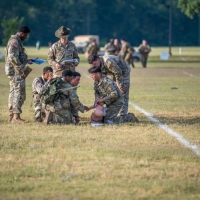 The 2025 Gainey Cup Best Scout Squad Competition wraps up with the Final Charge on York Field May 1, 2025 on Fort Benning, Georgia. Teams completed a series of mentally and physically challenging tasks after a 2 mile run. (U.S. Army photo by Patrick A. Albright)