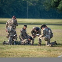 The 2025 Gainey Cup Best Scout Squad Competition wraps up with the Final Charge on York Field May 1, 2025 on Fort Benning, Georgia. Teams completed a series of mentally and physically challenging tasks after a 2 mile run. (U.S. Army photo by Patrick A. Albright)